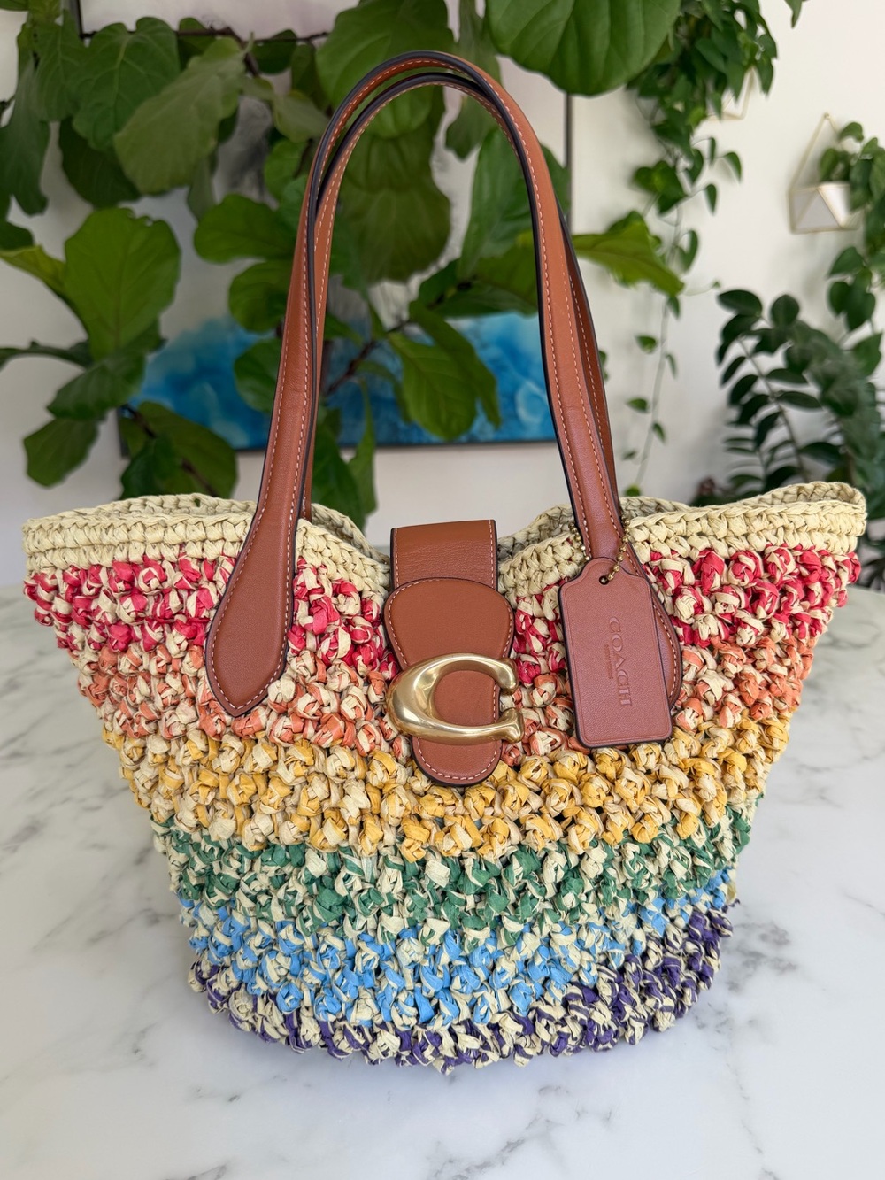 Coach Tabby Rainbow Stripe Straw Small Tote Shoulder Bag CJ641